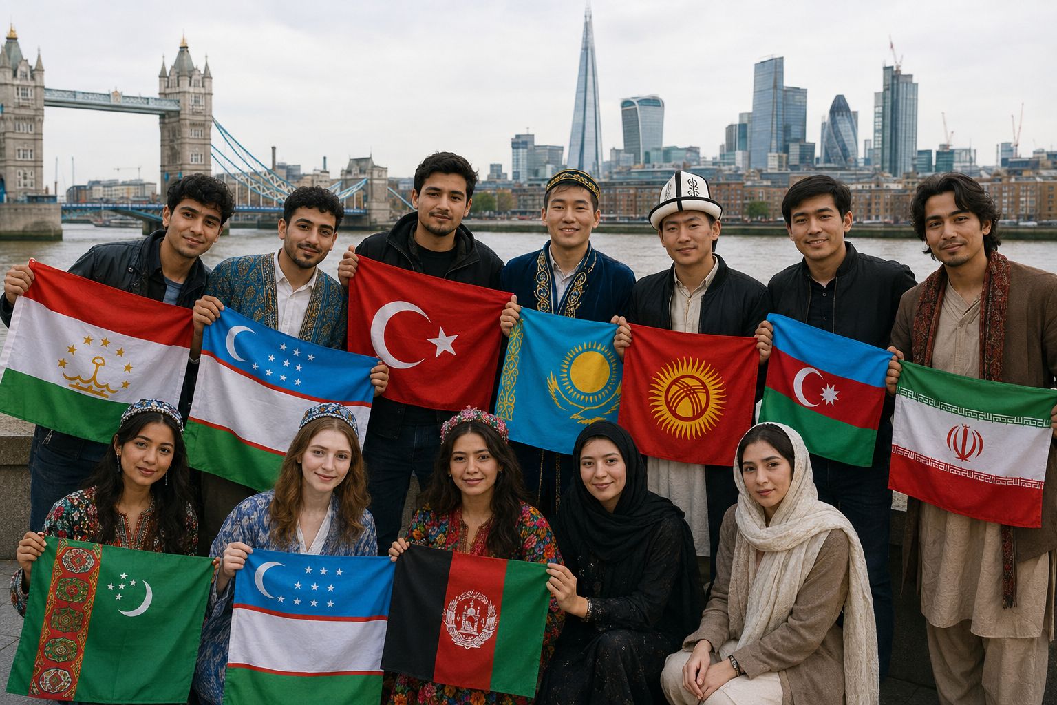 Members of the Turan community standing together with national flags by Tower Bridge, London